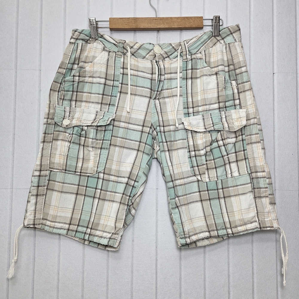 UNIONBAY Vintage Cotton Plaid Cargo Shorts - Green and Cream Size 15
